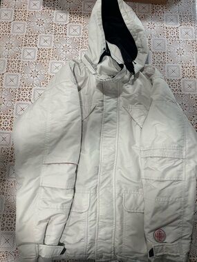 Y2K Transnine XL Snowboard Ski Jacket Cream Red Hooded Cargo